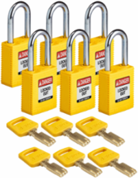 SafeKey Lockout Padlock, Nylon, 1.5 Inch, Steel Shackle, Keyed Different, 6 Pack