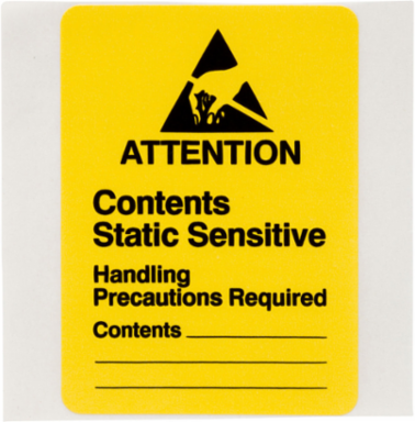 ATTENTION CONTENTS STATIC SENSITIVE HANDLING PRECAUTIONS REQ Labels, 2.5" H x 1.812" W x 0.0036" D, Black on Yellow