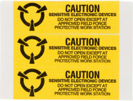CAUTION SENSITIVE ELECTRONIC DEVICES DO NOT OPEN EXCEPT AT Labels, 0.625" H x 2" W x 0.0036" D