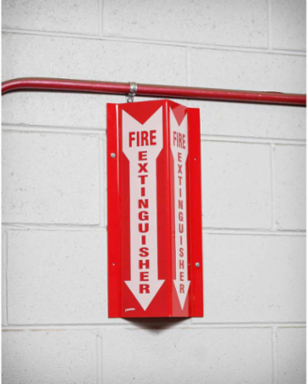 Tall Fire Extinguisher "V" Sign, 18" H x 8.5" W x 3.25" D, White on Red, Acrylic