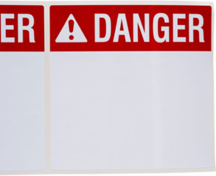 Pre-Printed DANGER Polyester Labels, Black/Red on White, 3" H x 3" W