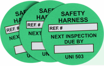 Universal Tag Safety Harness Inserts: SAFETY HARNESS, REF. #: NEXT INSPECTION DUE BY:, White on Green