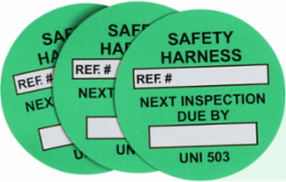 Universal Tag Safety Harness Inserts: SAFETY HARNESS, REF. #: NEXT INSPECTION DUE BY:, White on Green