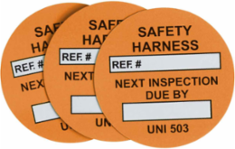 Universal Tag Safety Harness Inserts: SAFETY HARNESS, REF. #: NEXT INSPECTION DUE BY:, White on Orange