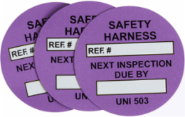 Universal Tag Safety Harness Inserts: SAFETY HARNESS, REF. #: NEXT INSPECTION DUE BY:, White on Purple