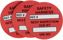 Universal Tag Safety Harness Inserts: SAFETY HARNESS, REF. #: NEXT INSPECTION DUE BY:, White on Red