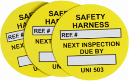 Universal Tag Safety Harness Inserts: SAFETY HARNESS, REF. #: NEXT INSPECTION DUE BY:, Black/Yellow on White