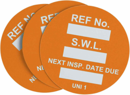 Universal Tag Inserts: REF NO: S.W.L.: NEXT INSP. DATE DUE:, White on Orange