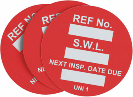 Universal Tag Inserts: REF NO: S.W.L.: NEXT INSP. DATE DUE:, White on Red