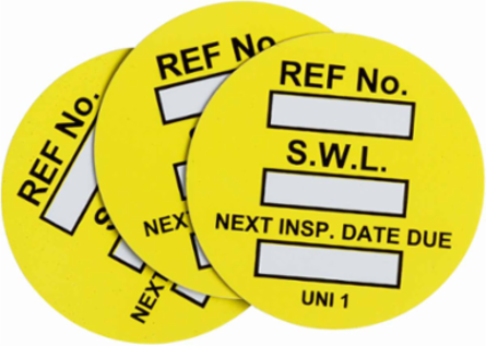 Universal Tag Inserts: REF NO: S.W.L.: NEXT INSP. DATE DUE:, Black/Yellow on White