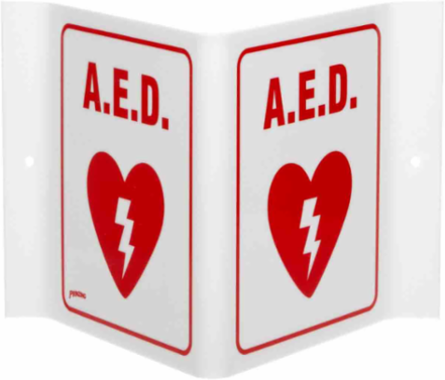 V Aed Sign, 6" H x 9" W x 4" D, Acrylic