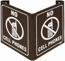 V No Cell Phones Sign, 6" H x 9" W x 4" D, Acrylic