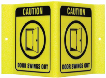 V CAUTION Door Swings Out Sign, 6" H x 9" W x 4" D, Acrylic