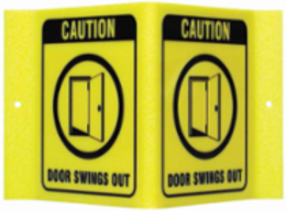 V CAUTION Door Swings Out Sign, 6" H x 9" W x 4" D, Acrylic