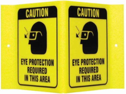V CAUTION Eye Protection Required In This Area Sign, 6" H x 9" W x 4" D, Acrylic