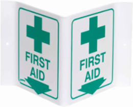 First Aid Sign V-Style, 6" H x 9" W x 4" D, Acrylic