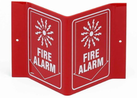 V FIRE ALARM Sign, 6" H x 9" W x 4" D, White on Red