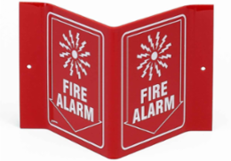 V FIRE ALARM Sign, 6" H x 9" W x 4" D, White on Red