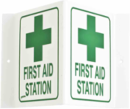 First Aid Station V-Style Sign, 6" H x 9" W x 4" D, Acrylic