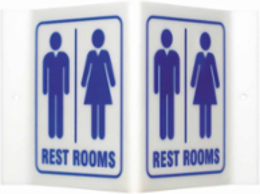 Restrooms Sign, 6" H x 9" W x 4" D, Acrylic, Blue on White