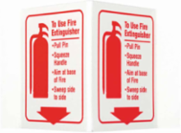 TO USE FIRE EXTINGUISHER Pull Pin Squeeze Handle Aim At Base Of Fire Sweep Side To Side Sign, 6" H x 9" W x 4" D, Red on White, Acrylic