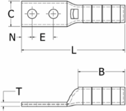 Copper Terminal Connector, 750 Kcmil, 3/8 Inch Stud, 2 Holes, 5.82 Inch Length