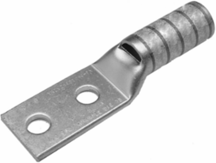 HYLUGTM Terminal, Long Barrel Skived, 6 AWG, 2 Hole, Tin Plated, Blue