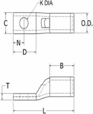 Copper Terminal Connector 4/0 AWG, 1/4 Inch Stud, Length 2.60 Inch, Grit 15