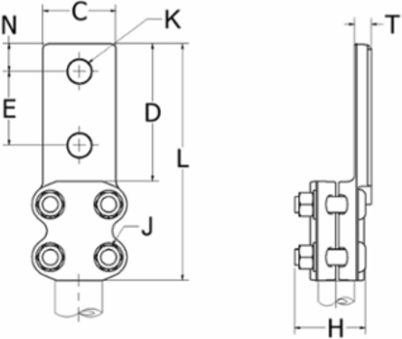 Copper Bolted Terminal Tube to Flat, 3/4 Inch, 230 kV, 2 Pad Holes