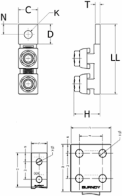 Heavy Duty Copper Terminal 1 Hole 4 AWG, 1/4 Inch Stud, 2 Screws, 2-13/16 Inch Length
