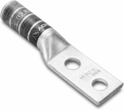 Long Length Barrel Terminal, 1 AWG, 1/4 Inch Stud, 35 kV, 2 Holes, Tin Plated