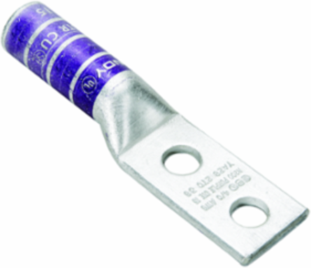 Copper Compression Lug, 500 kcmil, 2 Hole, 1/2 Inch Stud, Long Barrel, Tin Plated