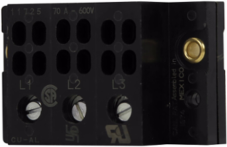 Power Terminal Block, 600V, 70A, Three-Pole, Screw Connection, 1.125 Inch Height