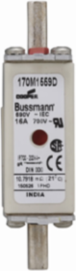 Eaton Bussmann series high speed square body fuse, 16A, 200 kAIC, Combination fuse status indicator, Fuse, Din 43-620 blade end X Din 43-620 blade end, Class gR
