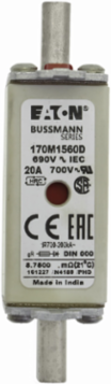 Eaton Bussmann series high speed square body fuse, 20A, 200 kAIC, Combination fuse status indicator, Fuse, Din 43-620 blade end X Din 43-620 blade end, Class gR