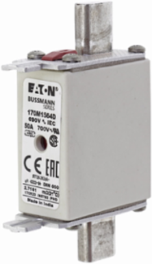 Eaton Bussmann series high speed square body fuse, 50A, 200 kAIC, Combination fuse status indicator, Fuse, Din 43-620 blade end X Din 43-620 blade end, Class gR