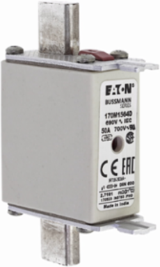 Eaton Bussmann series high speed square body fuse, 50A, 200 kAIC, Combination fuse status indicator, Fuse, Din 43-620 blade end X Din 43-620 blade end, Class gR