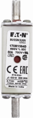 Eaton Bussmann series high speed square body fuse, 50A, 200 kAIC, Combination fuse status indicator, Fuse, Din 43-620 blade end X Din 43-620 blade end, Class gR