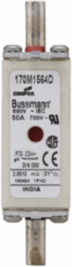 Eaton Bussmann series high speed square body fuse, 50A, 200 kAIC, Combination fuse status indicator, Fuse, Din 43-620 blade end X Din 43-620 blade end, Class gR
