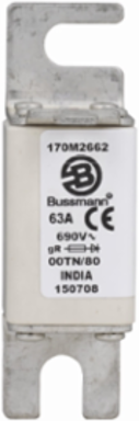 Eaton Bussmann series high speed square body fuse, 63A, 200 kAIC, Top fuse status indicator, Fuse, Blade end X blade end, Class gR, DIN 43 620