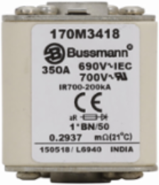 High Speed Square Body Fuse, 690V, 350A, 200 kAIC, Top Fuse Status Indicator