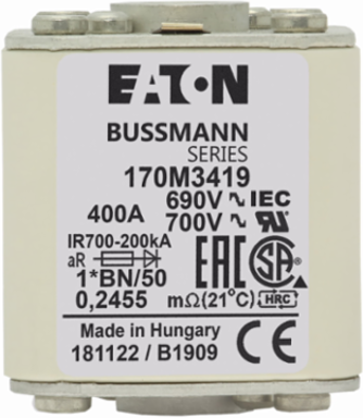 High Speed Square Body Fuse 400A 690V AC Class aR 200 kAIC with Top Fuse Indicator