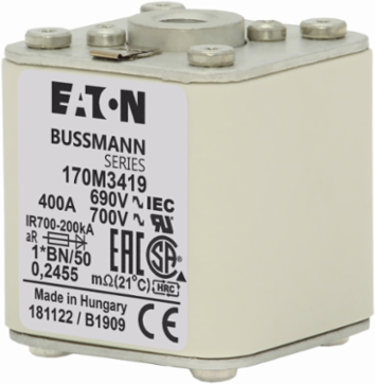 High Speed Square Body Fuse 400A 690V AC Class aR 200 kAIC with Top Fuse Indicator