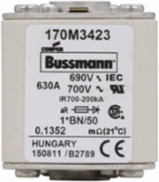 High-Speed Square Body Fuse 630A 690V AC 200 kAIC Class aR Flush