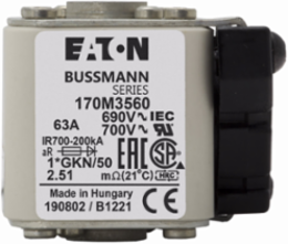 High-Speed Square Body Fuse, 63A, 690V, 200 kAIC, Class aR, Flush