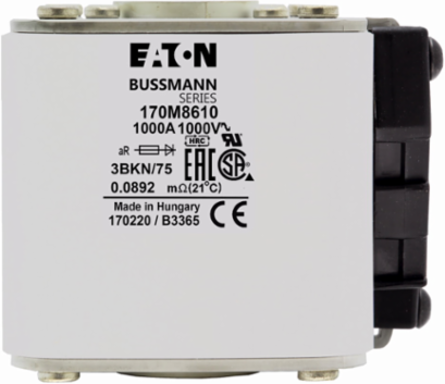 Eaton Bussmann series high speed square body fuse, 690 Vac, 500 Vdc, 1000A, 150 kAIC, Other, Fuse, Class aR, Flush.