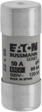 Low Voltage 22 x 58 mm Cylindrical Fuse, 690V AC, 50A, 80 kA Breaking Capacity