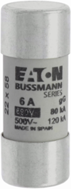 Cylindrical Fuse 22 x 58 mm, 6 Amps, 690 Volts AC, 80 kA Breaking Capacity