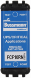Eaton Bussmann series FCF fuse, 10 A, 60 Hz, 50 Hz, 1 , CF, Black, Non-indicating, Electroless tin plated copper alloy terminal, Blade end,Class CF, 4 min at 200%, 50 kAIC at 600 Vdc,300 kAIC at 600 V, Glass filled PES, 600 V, 600 Vdc