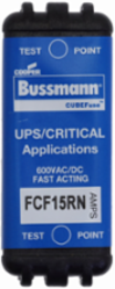 Eaton Bussmann series FCF fuse CUBEFuse, power loss 3.48 w, Critical/UPS, 15 A, 60 Hz, 50 Hz, 1 , CF, Black, Electroless tin plated copper alloy terminal, Blade end, 4 min at 200%, 50 kAIC at 600 Vdc,300 kAIC at 600 V, Glass filled PES